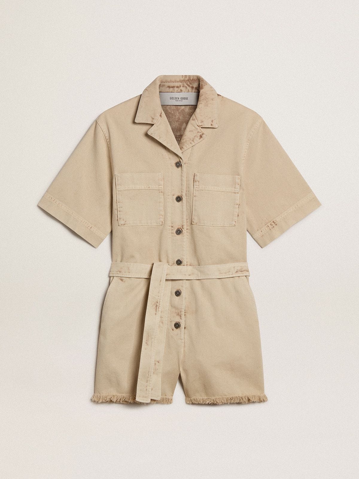 Golden Goose - Women's romper in beige denim with belt and frayed hem in 