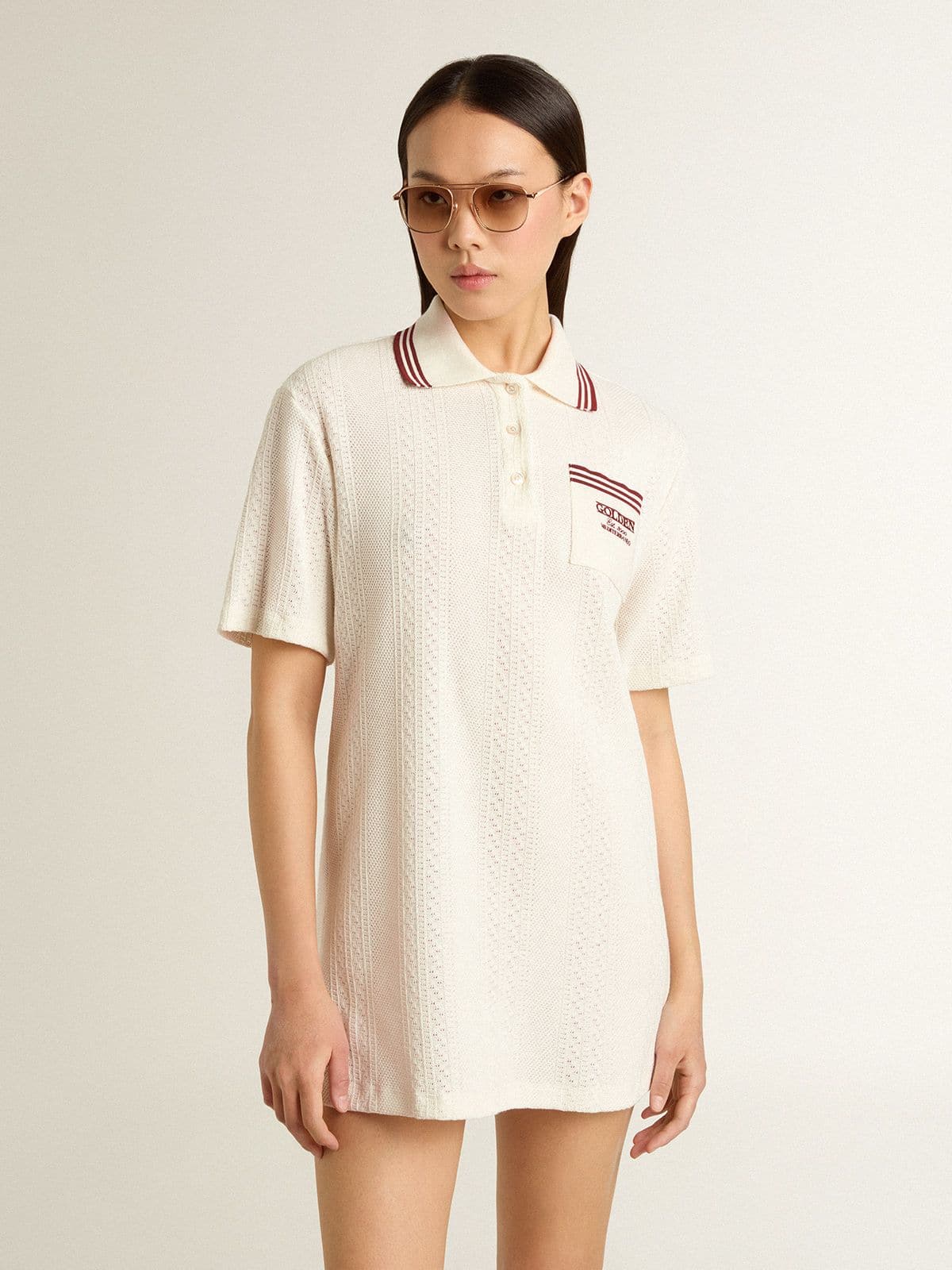 Golden Goose - Women's Oasis polo dress in white perforated jersey with burgundy stripes in 