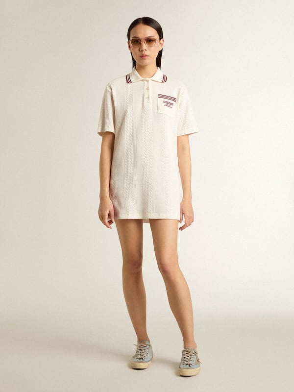 Golden Goose - Women's Oasis polo dress in white perforated jersey with burgundy stripes in 