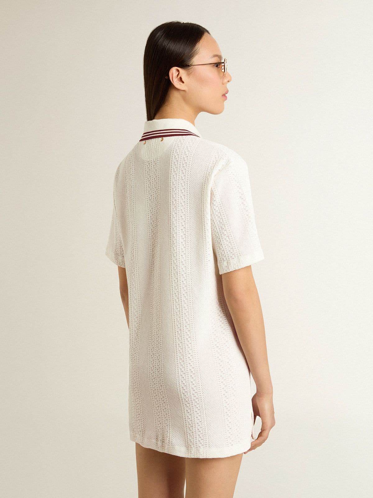 Golden Goose - Women's Oasis polo dress in white perforated jersey with burgundy stripes in 