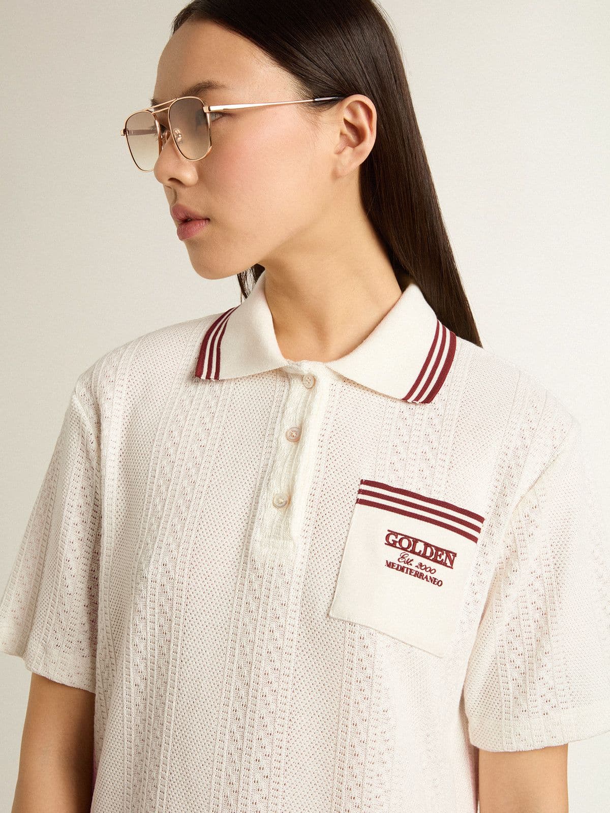Golden Goose - Women's Oasis polo dress in white perforated jersey with burgundy stripes in 