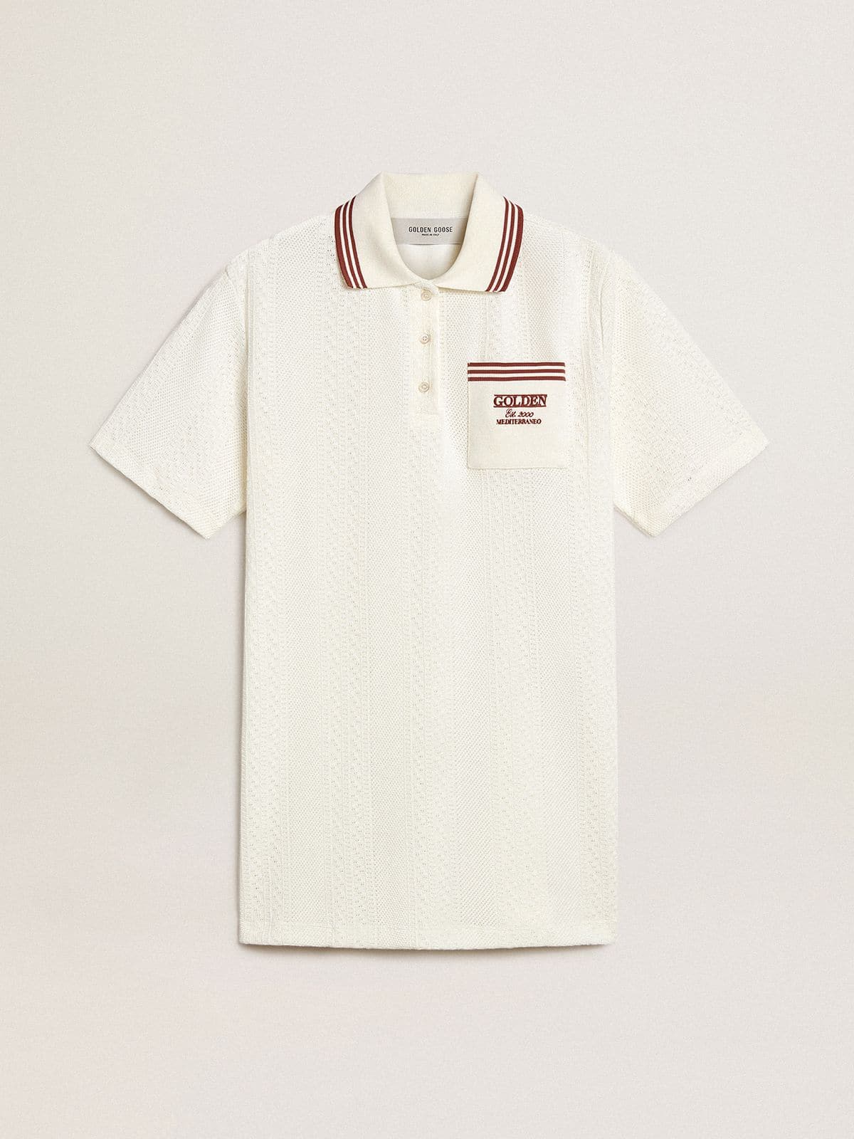 Golden Goose - Women's Oasis polo dress in white perforated jersey with burgundy stripes in 