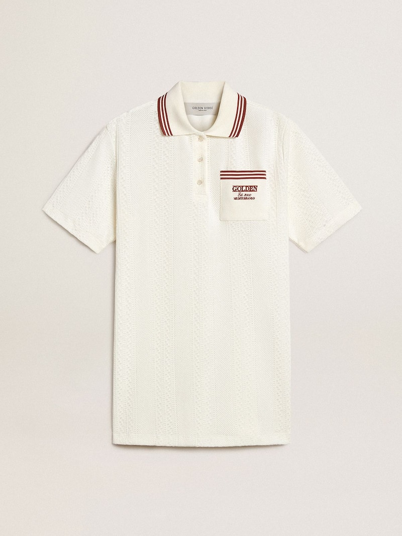 Vestido tipo polo Oasis de mujer en tejido jersey perforado blanco con rayas burdeos