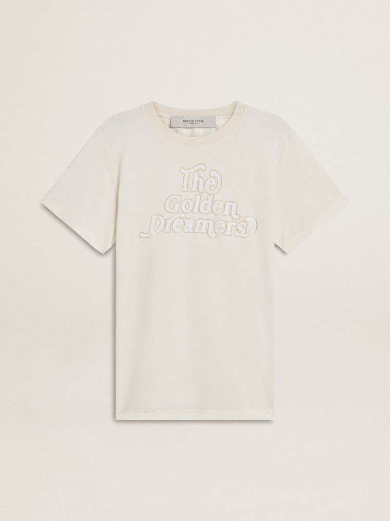 Weißes Damen-T-Shirt mit Schriftzug auf der Vorderseite