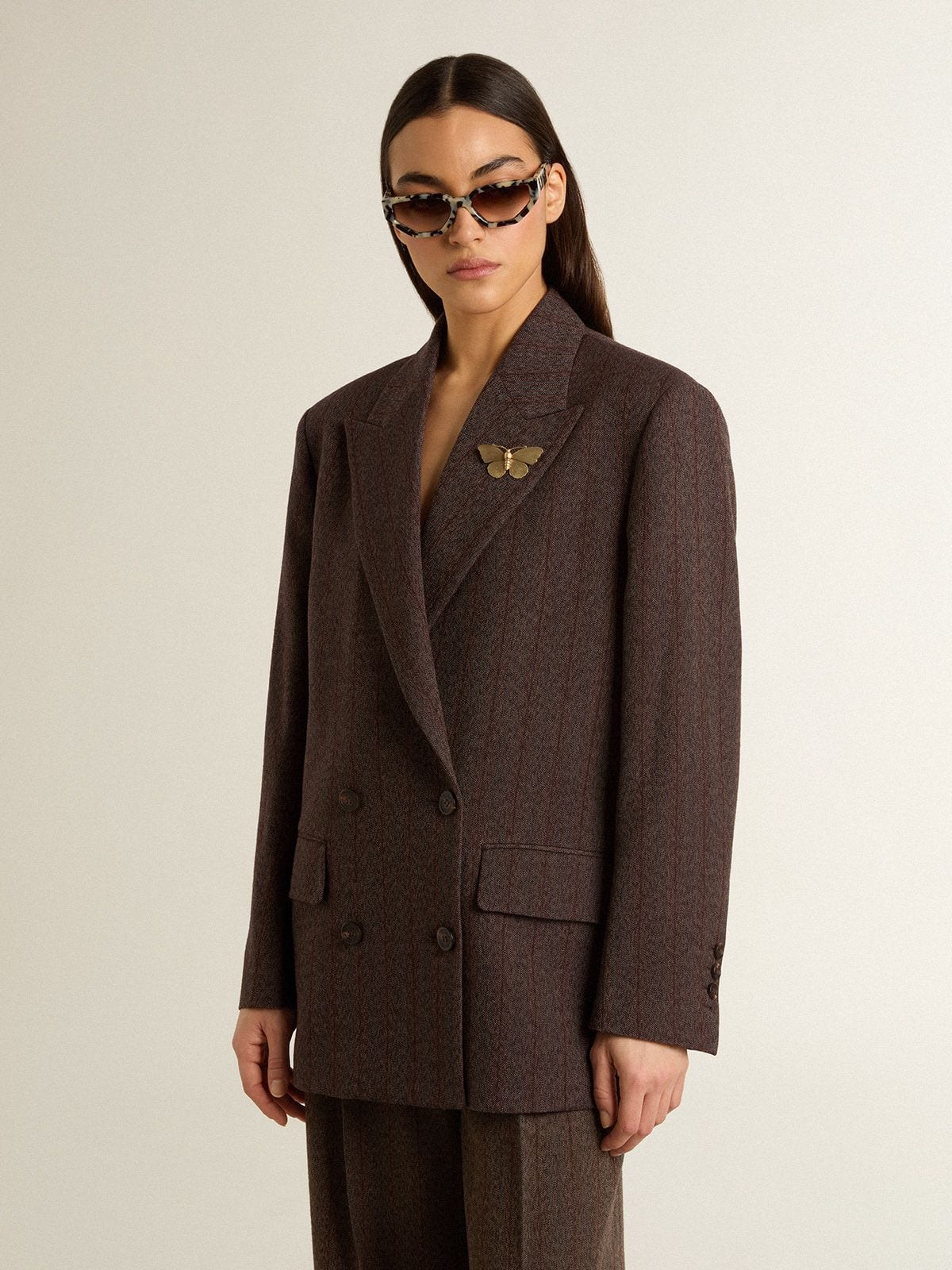 Golden Goose - Blazer doppiopetto da donna in lana marrone scuro con motivo a righe sottili in 