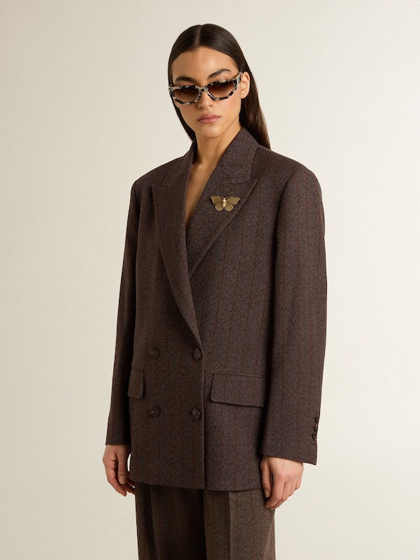 Golden Goose - Women's double-breasted blazer in dark brown wool with thin stripe pattern in 