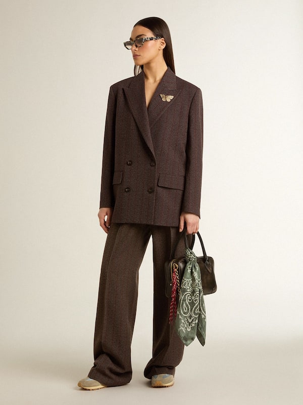 Golden Goose - Women's double-breasted blazer in dark brown wool with thin stripe pattern in 
