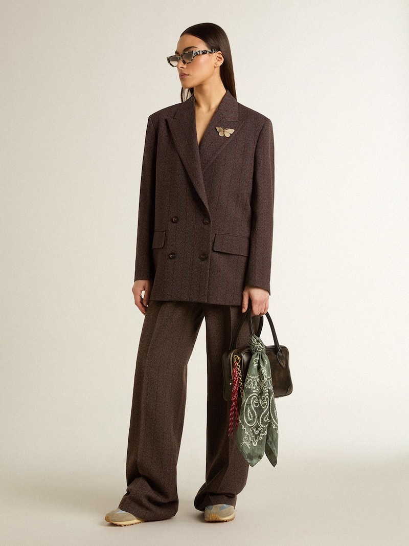Golden Goose - Zweireihiger Damenblazer aus dunkelbrauner Wolle mit feinem Streifenmotiv in 