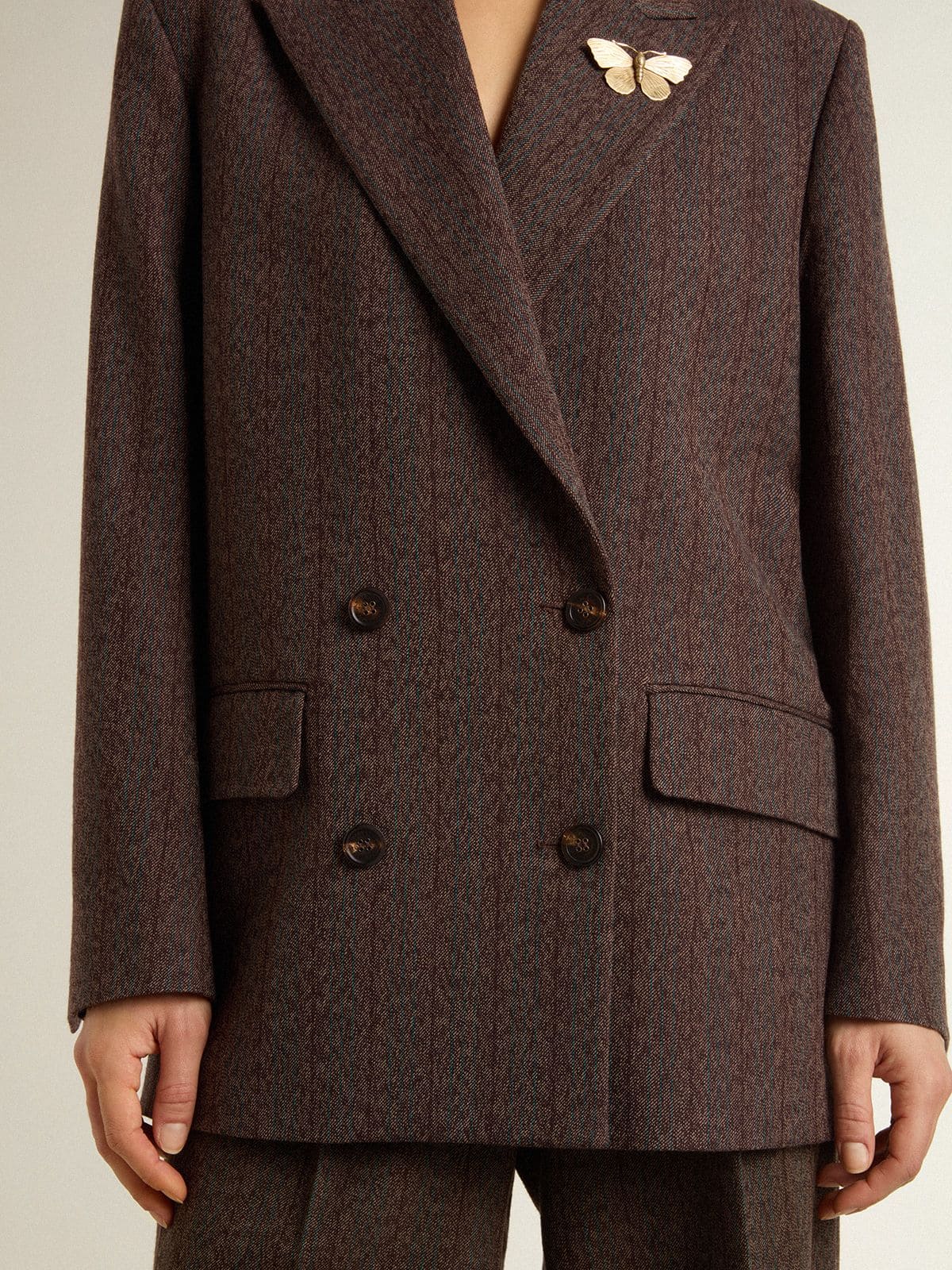 Golden Goose - Blazer doppiopetto da donna in lana marrone scuro con motivo a righe sottili in 