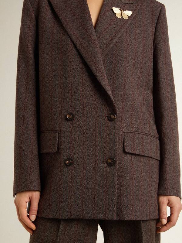 Golden Goose - Women's double-breasted blazer in dark brown wool with thin stripe pattern in 