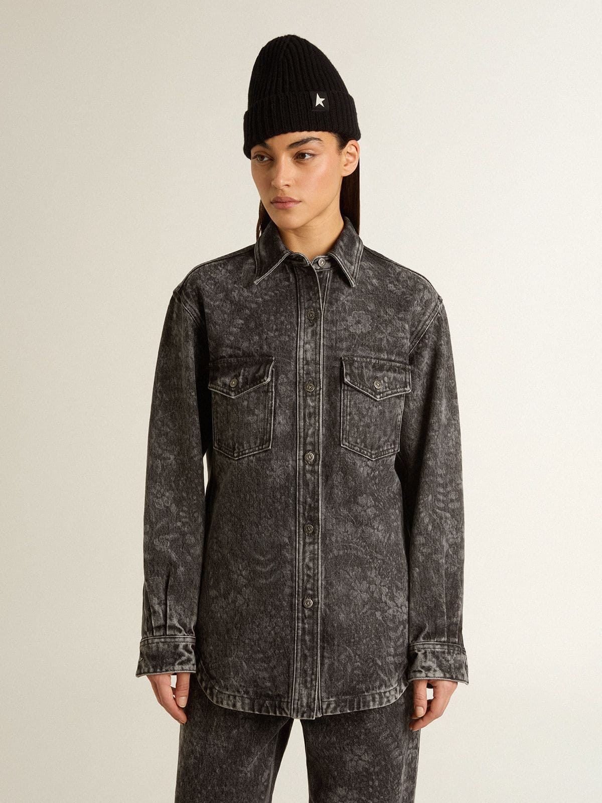 Golden Goose - Women's black denim shirt with ton sur ton floral pattern in 