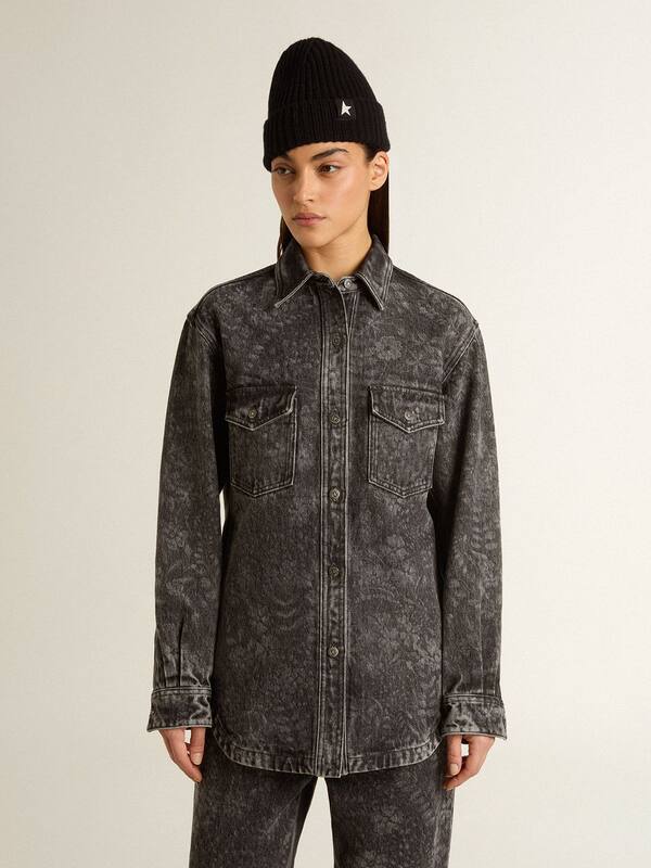 Golden Goose - Women's black denim shirt with ton sur ton floral pattern in 