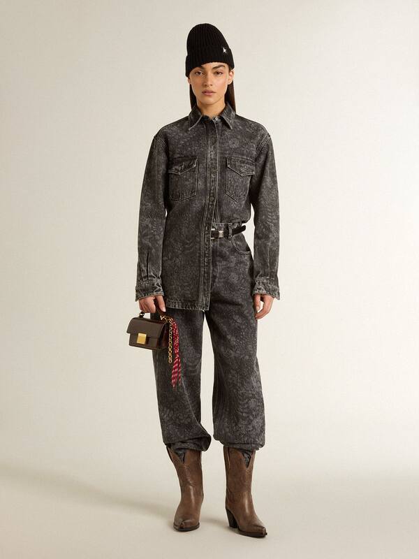 Golden Goose - Women's black denim shirt with ton sur ton floral pattern in 