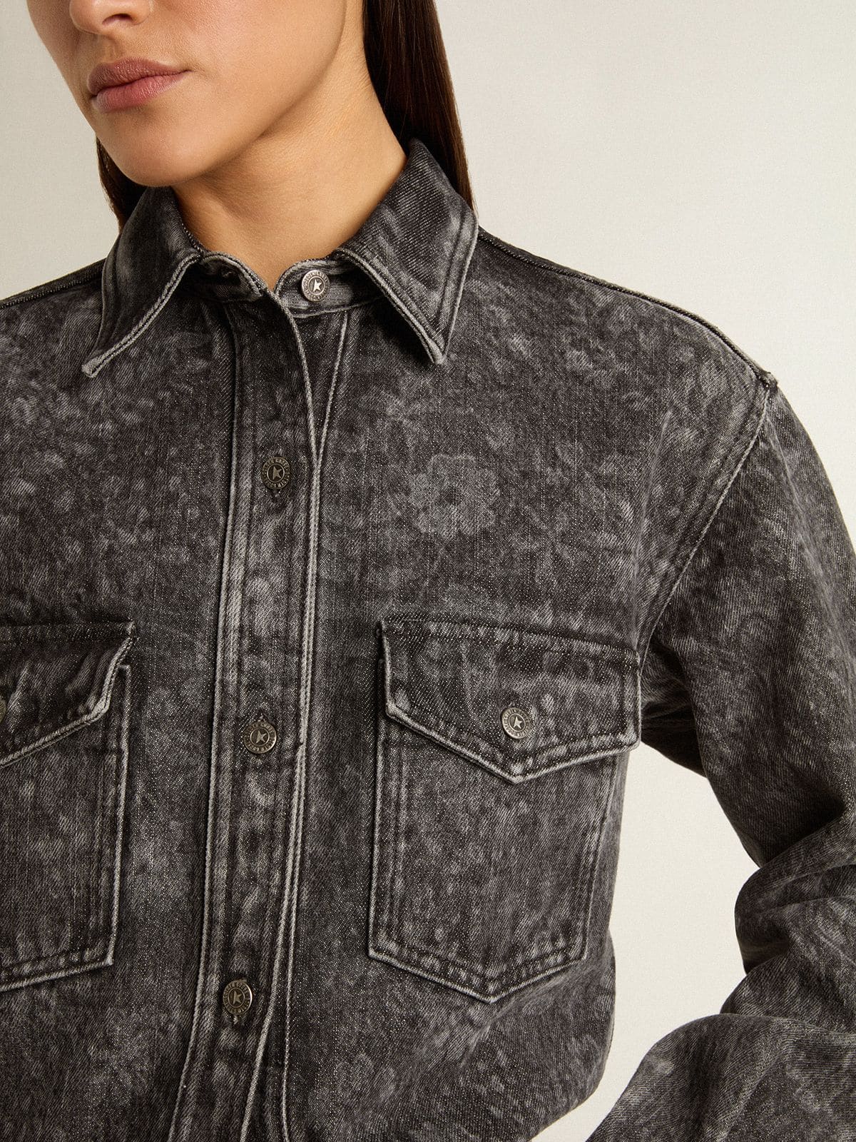 Golden Goose - Women's black denim shirt with ton sur ton floral pattern in 