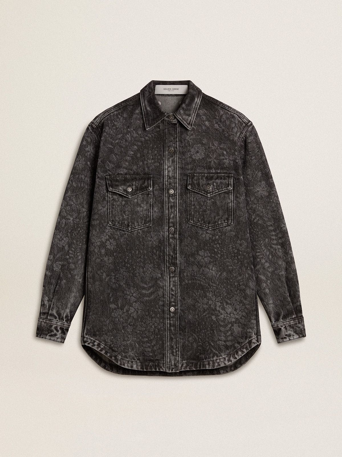 Golden Goose - Women's black denim shirt with ton sur ton floral pattern in 