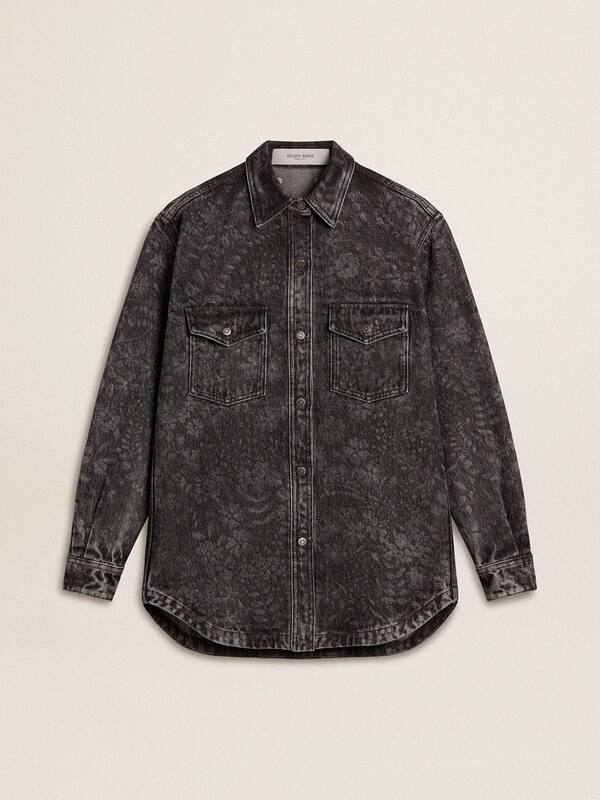 Golden Goose - Women's black denim shirt with ton sur ton floral pattern in 