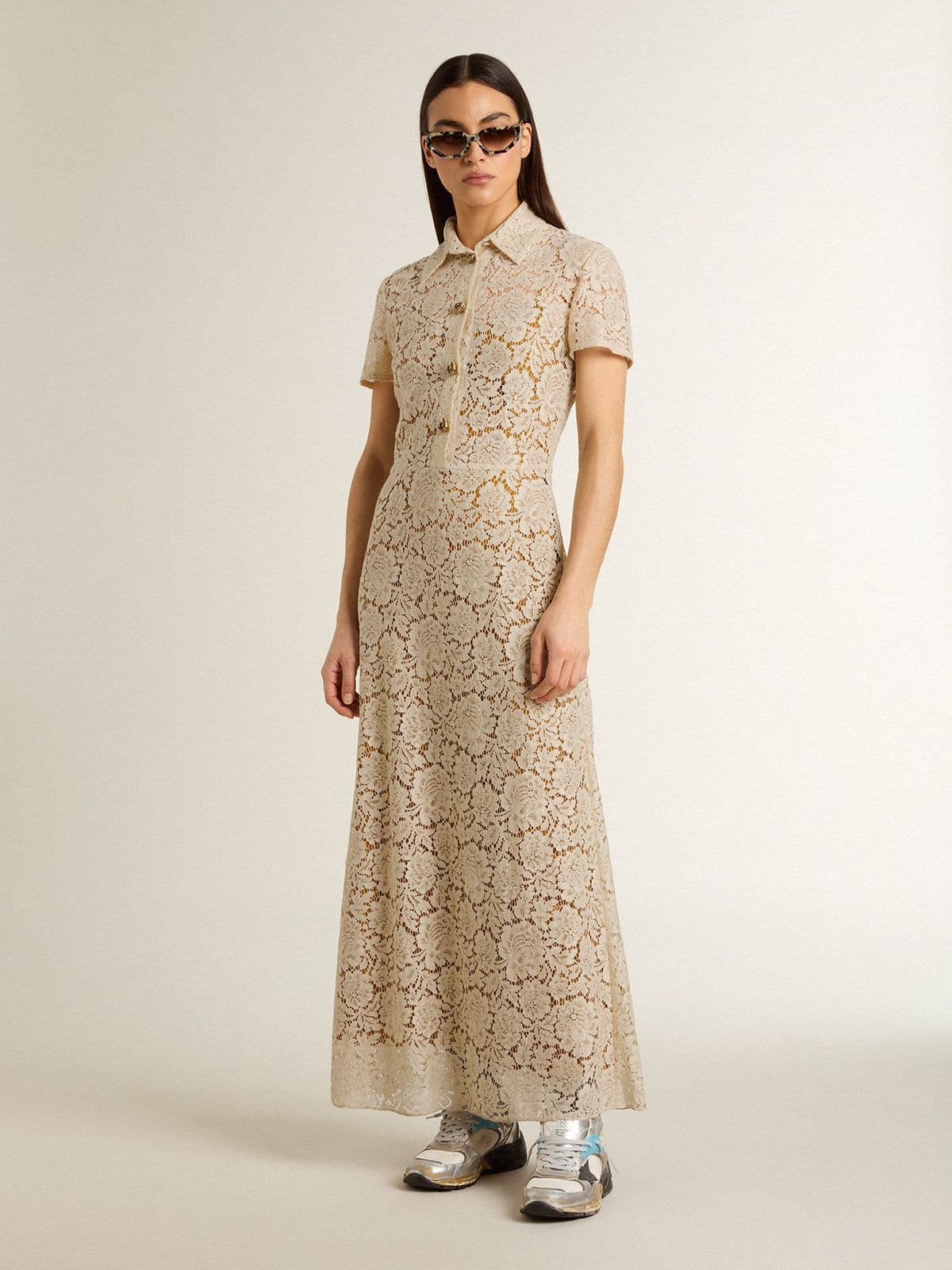 Golden Goose -  Robe midi pour femme en dentelle ajourée couleur crème in 