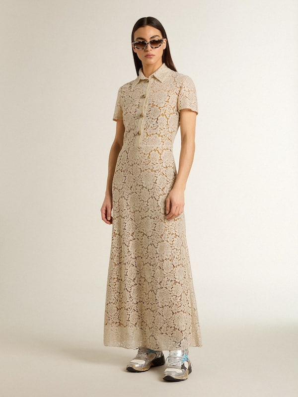 Golden Goose -  Women's midi dress in cream-colored see-through lace in 