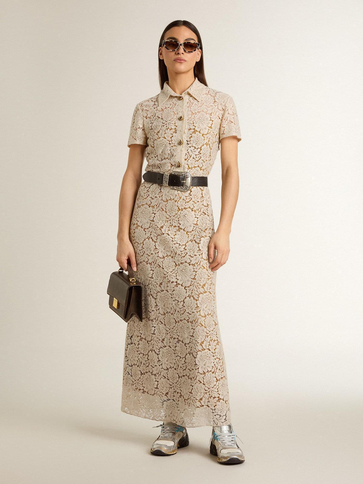 Golden Goose -  Abito midi da donna in pizzo color crema see-through in 