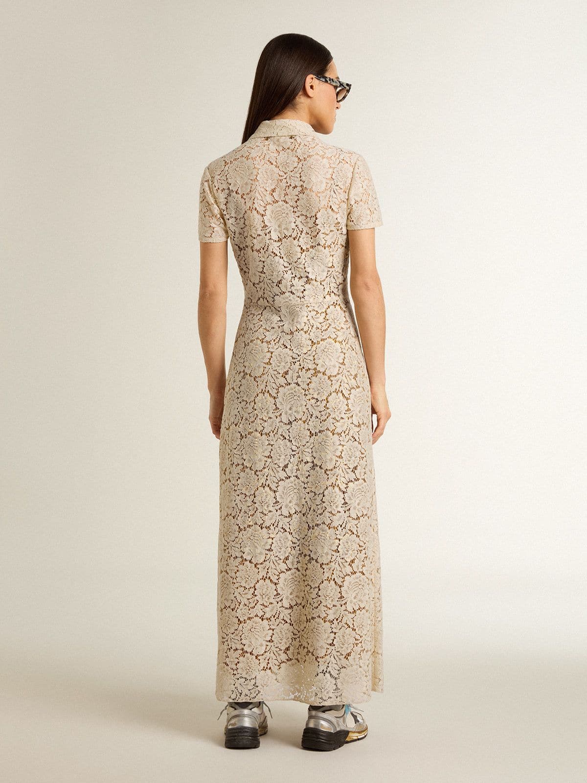 Golden Goose -  Robe midi pour femme en dentelle ajourée couleur crème in 