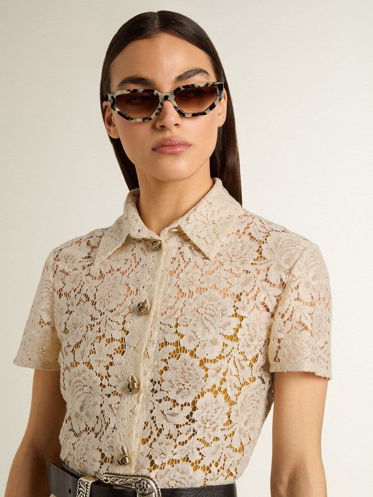 Golden Goose -  Robe midi pour femme en dentelle ajourée couleur crème in 