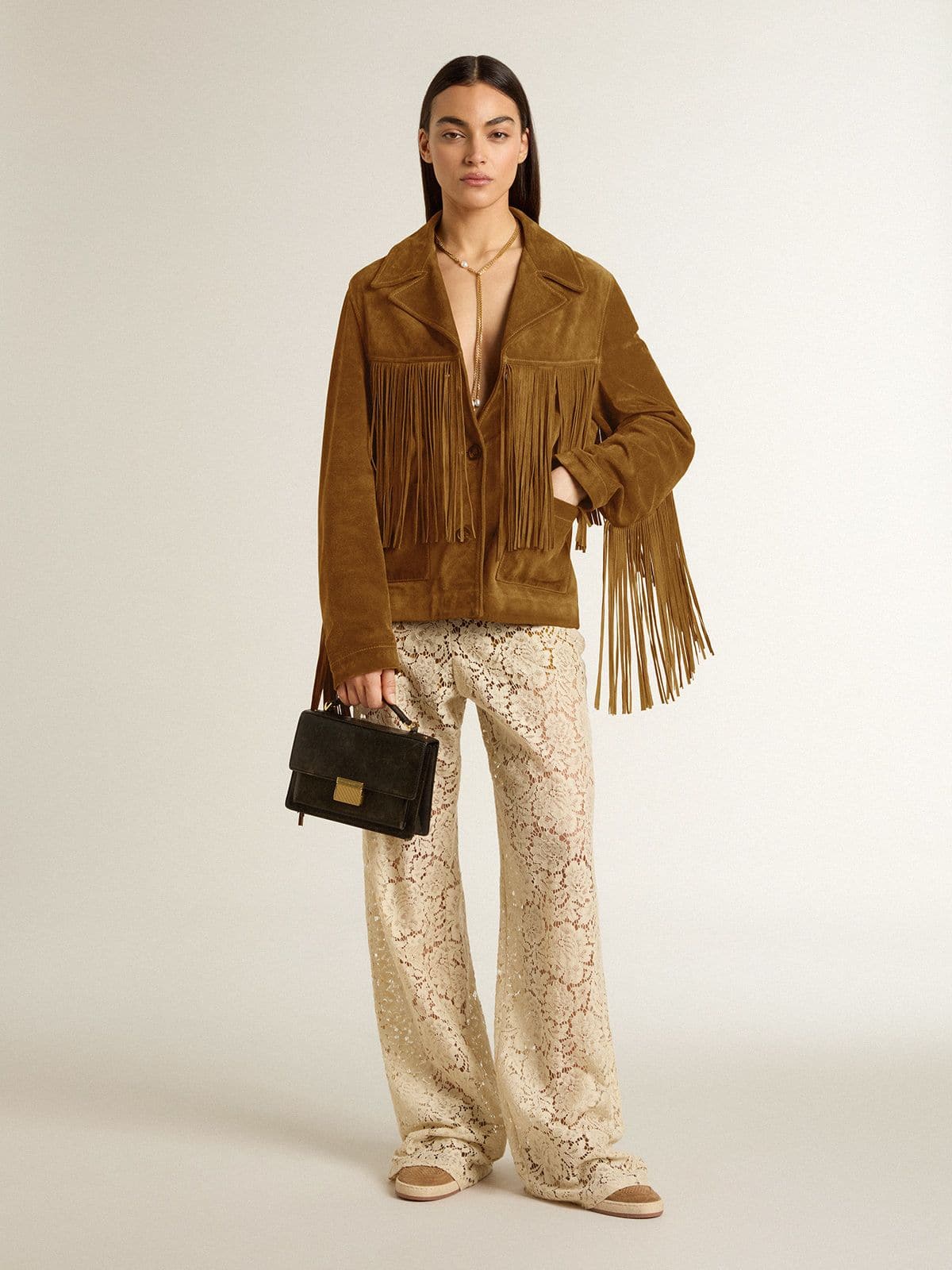 Golden Goose - Chaqueta de mujer de ante color tabaco con flecos in 