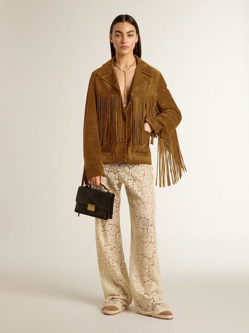 Golden Goose - Giacca da donna in suede color tabacco con frange in 