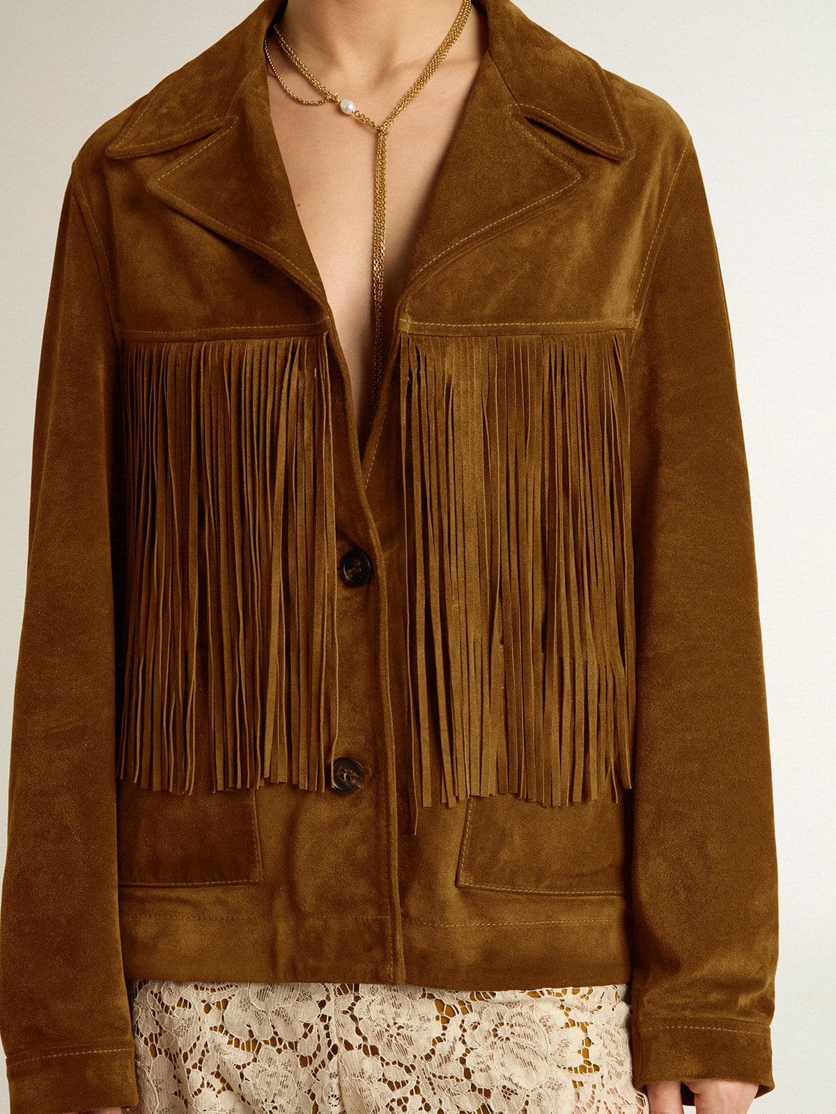 Golden Goose - Chaqueta de mujer de ante color tabaco con flecos in 
