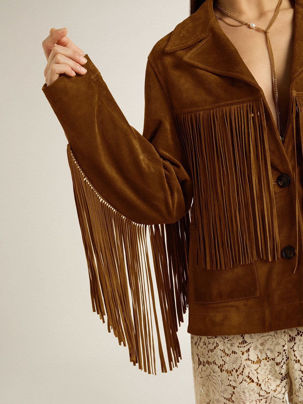Golden Goose - Chaqueta de mujer de ante color tabaco con flecos in 