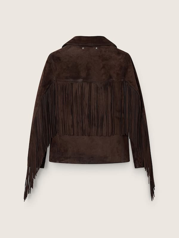 Women's jacket in waxed brown leather with fringing