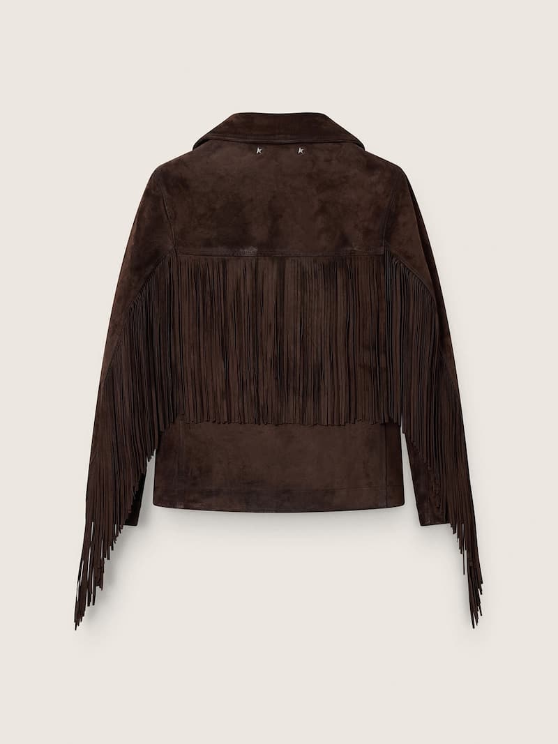 Golden Goose - Chaqueta de mujer de piel marr&oacute;n encerada con flecos in 