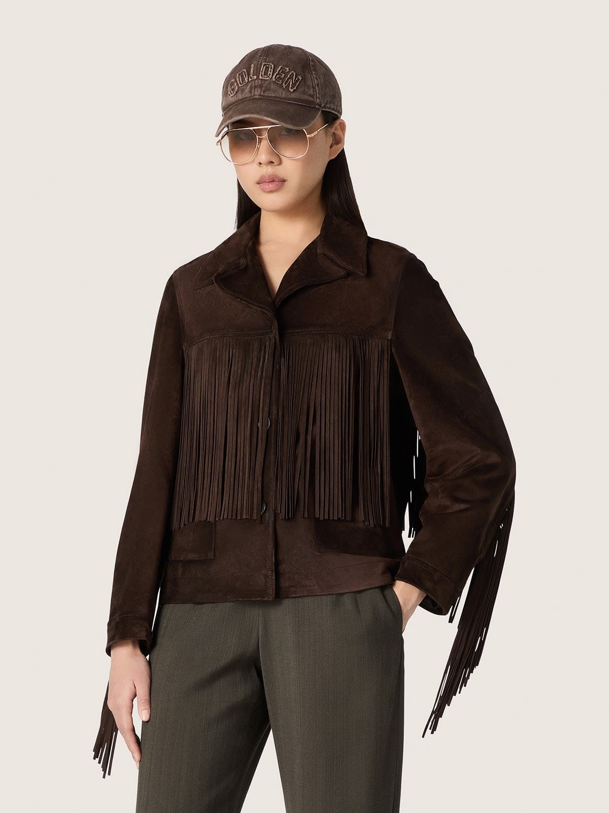 Golden Goose - Braune Damenjacke aus gewachstem Leder mit Fransen in 