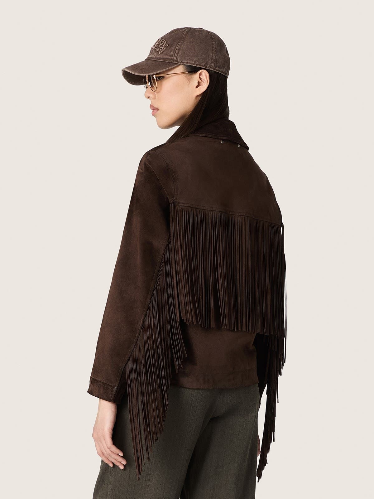 Golden Goose - Braune Damenjacke aus gewachstem Leder mit Fransen in 