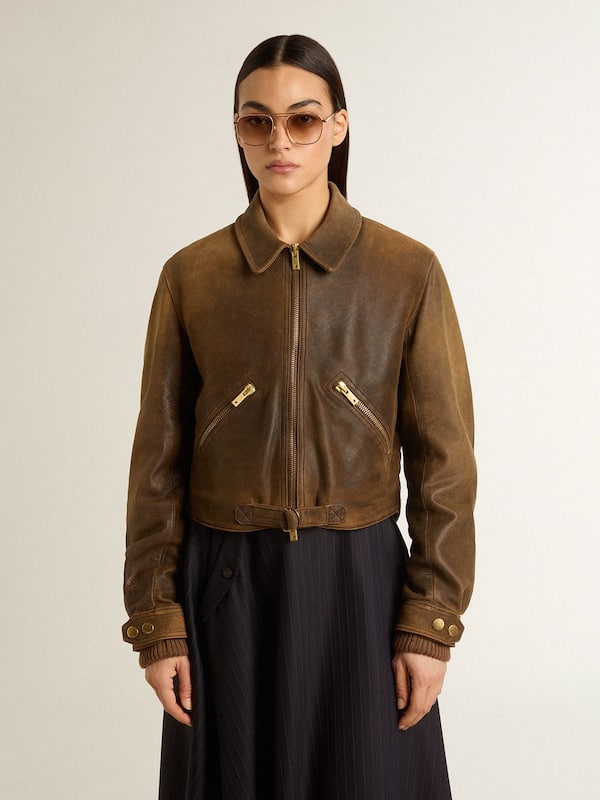 Golden Goose - Women’s cropped brown leather biker jacket with zip in 