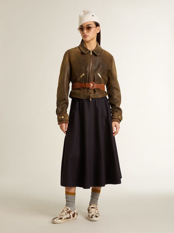 Golden Goose - Women’s cropped brown leather biker jacket with zip in 