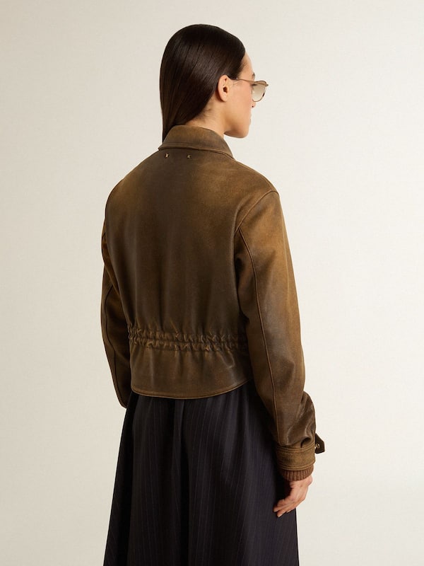 Golden Goose - Women’s cropped brown leather biker jacket with zip in 