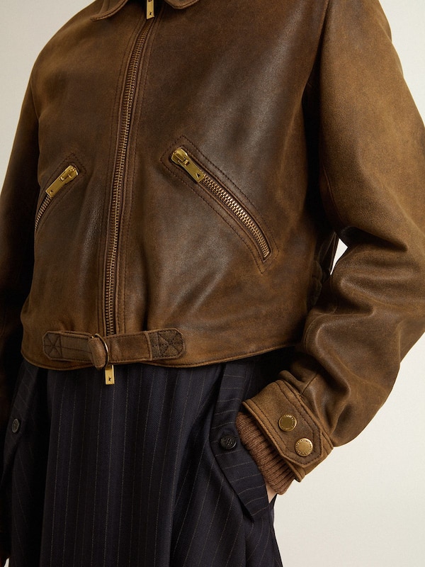 Golden Goose - Women’s cropped brown leather biker jacket with zip in 