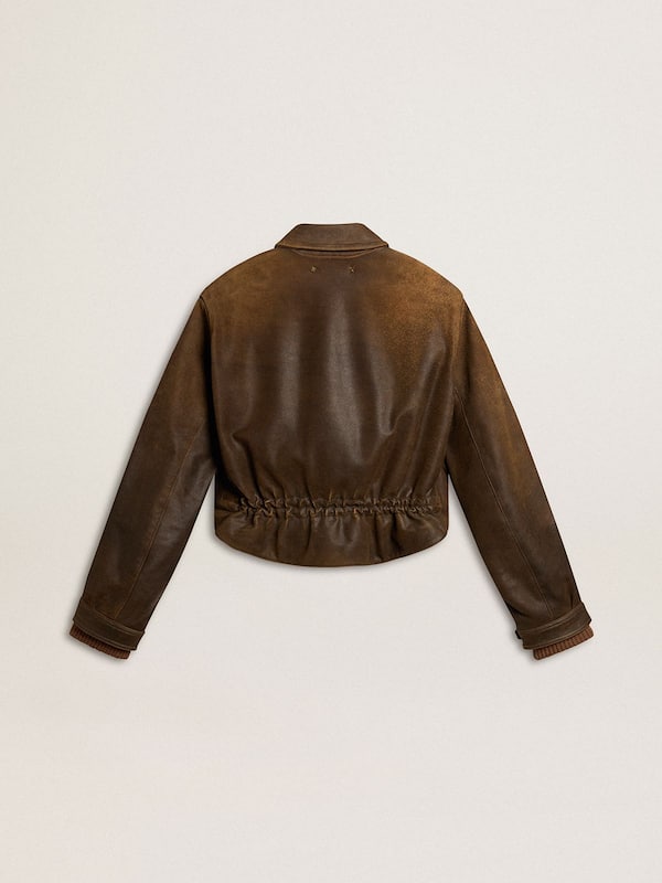 Golden Goose - Women’s cropped brown leather biker jacket with zip in 