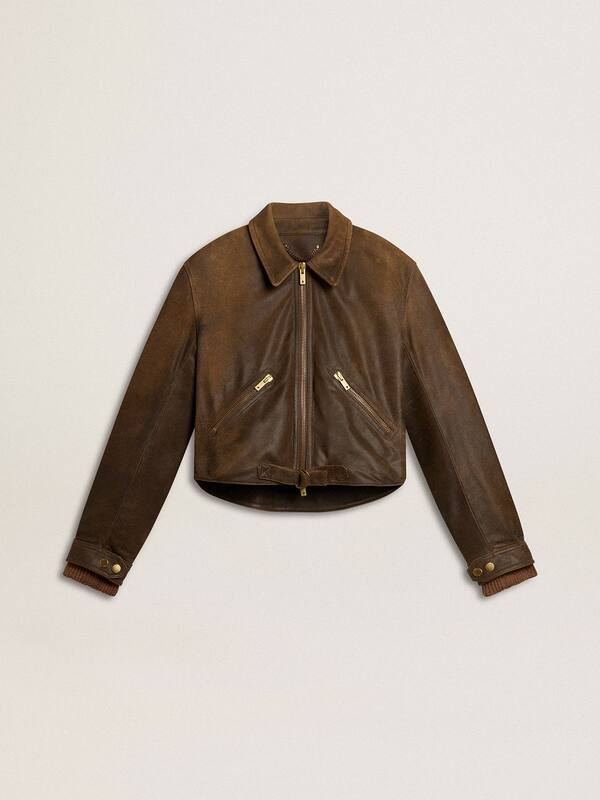 Golden Goose - Women’s cropped brown leather biker jacket with zip in 