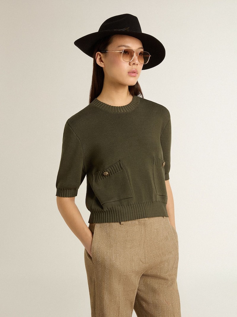 Golden Goose - Armegr&uuml;ner Damenpullover aus Baumwolle mit kurzen &Auml;rmeln in 