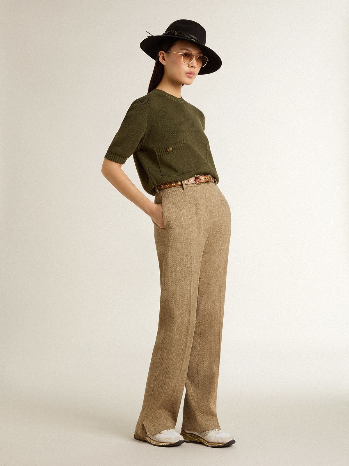 Golden Goose - Maglia a maniche corte da donna in cotone color verde militare in 