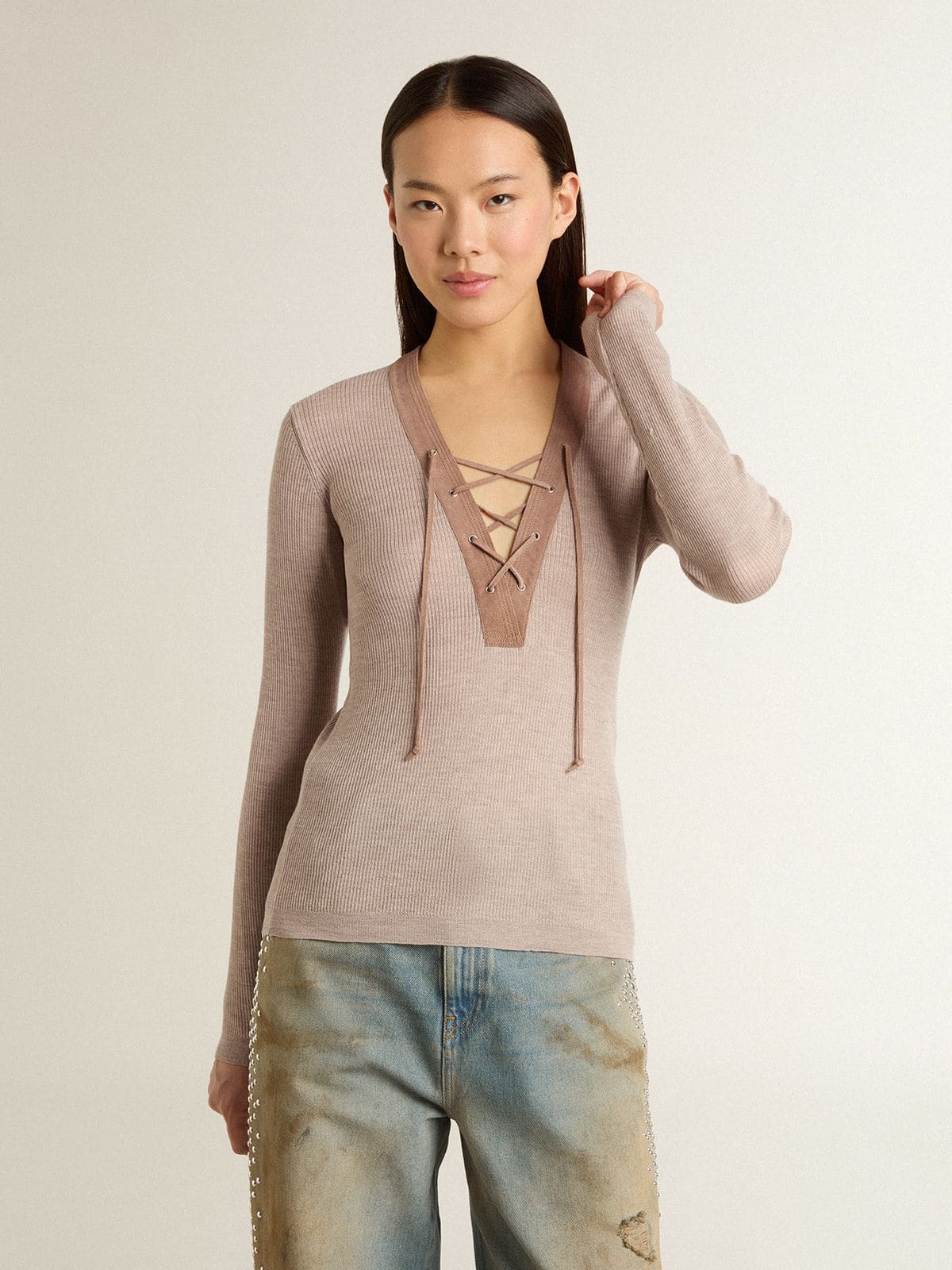 Golden Goose - Pull en laine beige avec détails en cuir in 
