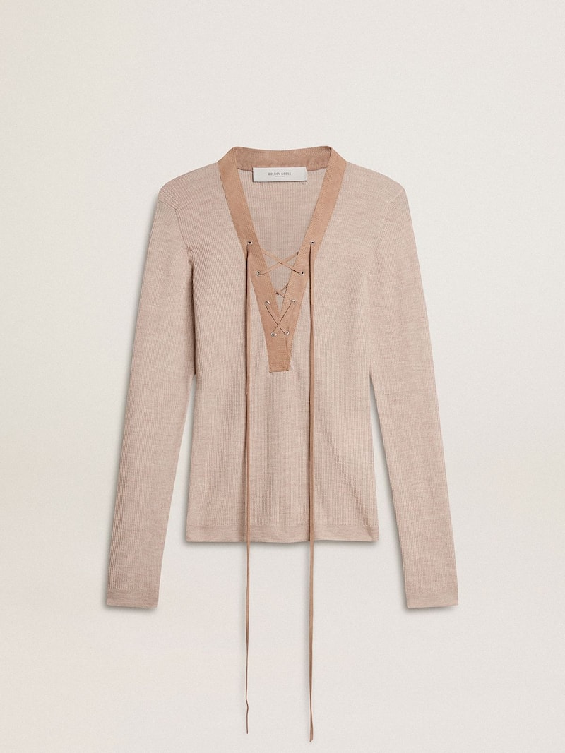 Pull en laine beige avec détails en cuir