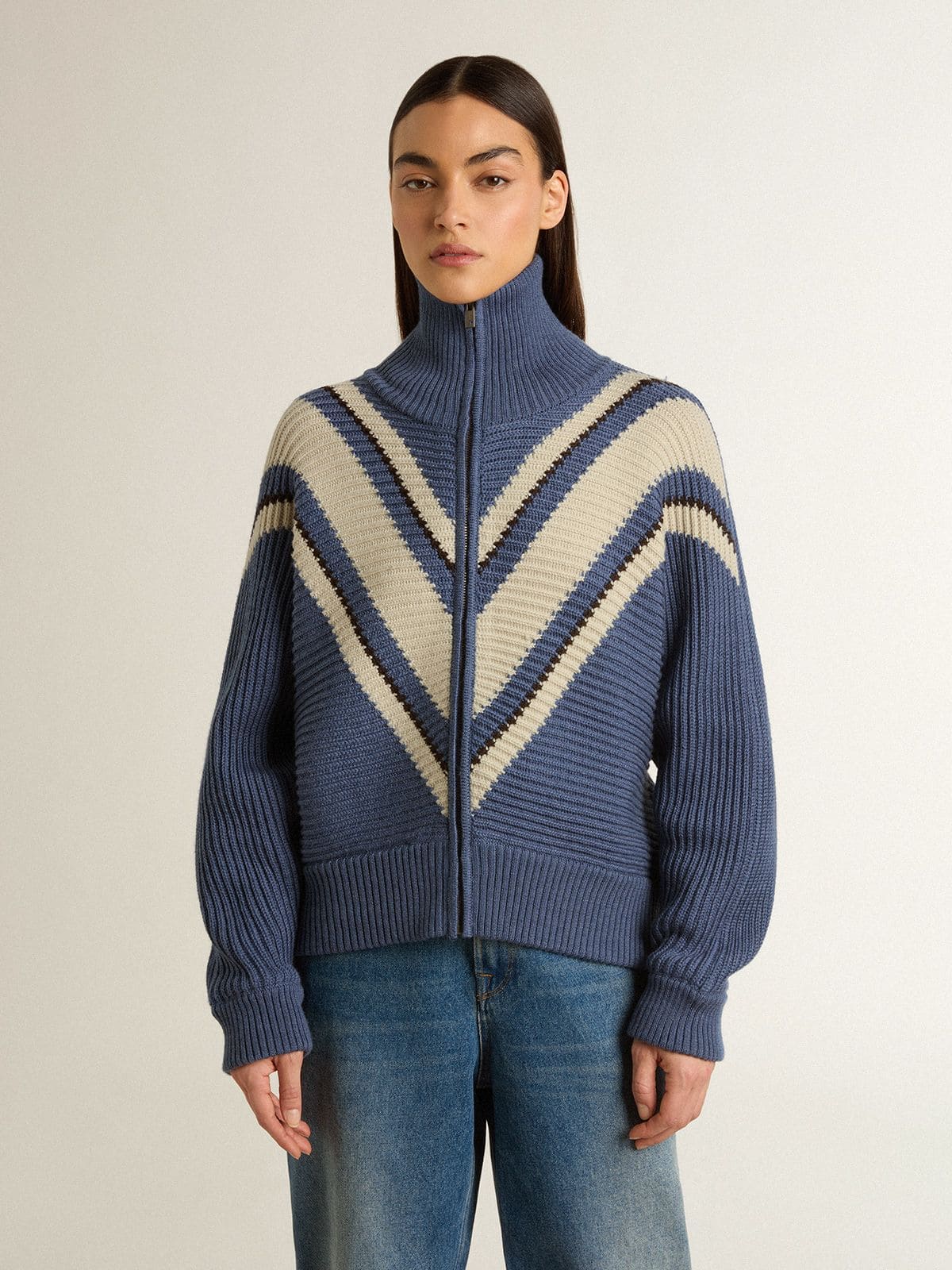Golden Goose - Maglione in lana jacquard da donna azzurro con motivo color panna in 