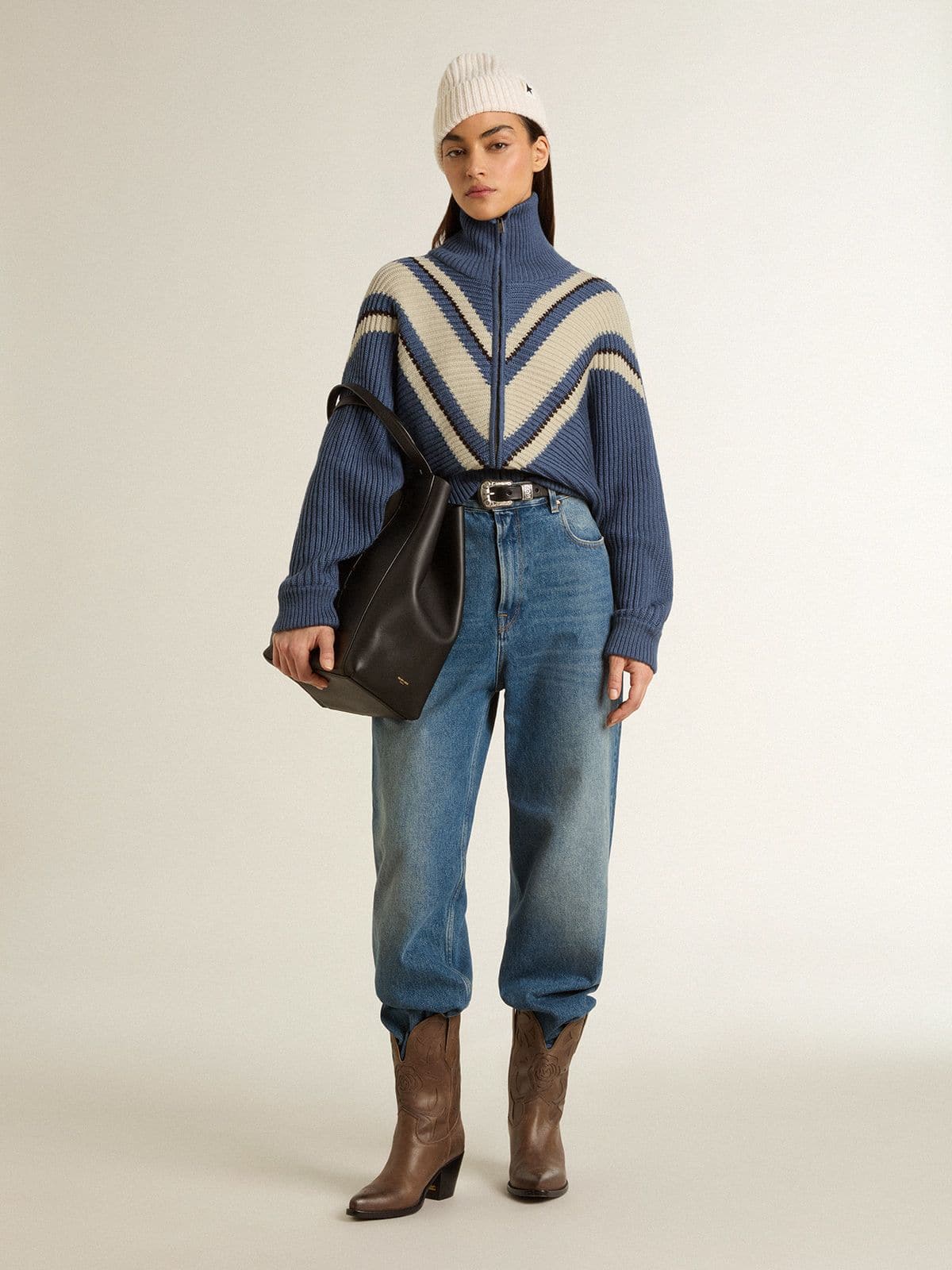Golden Goose - Maglione in lana jacquard da donna azzurro con motivo color panna in 