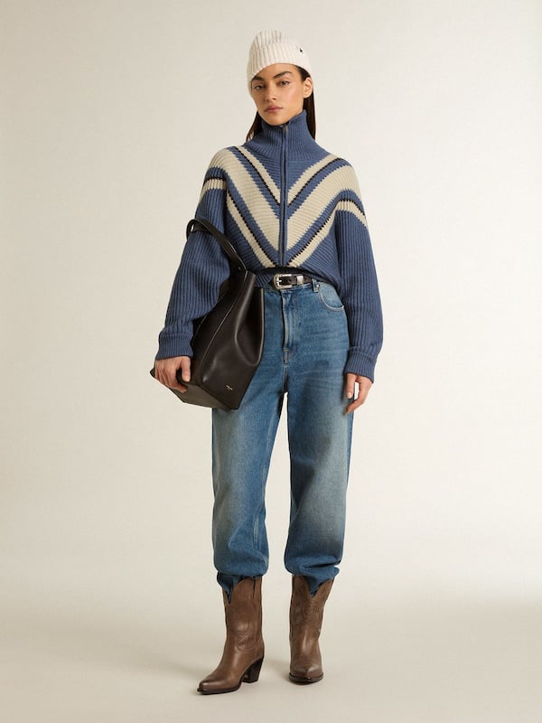 Golden Goose - Women's light blue jacquard wool sweater with cream-colored pattern in 