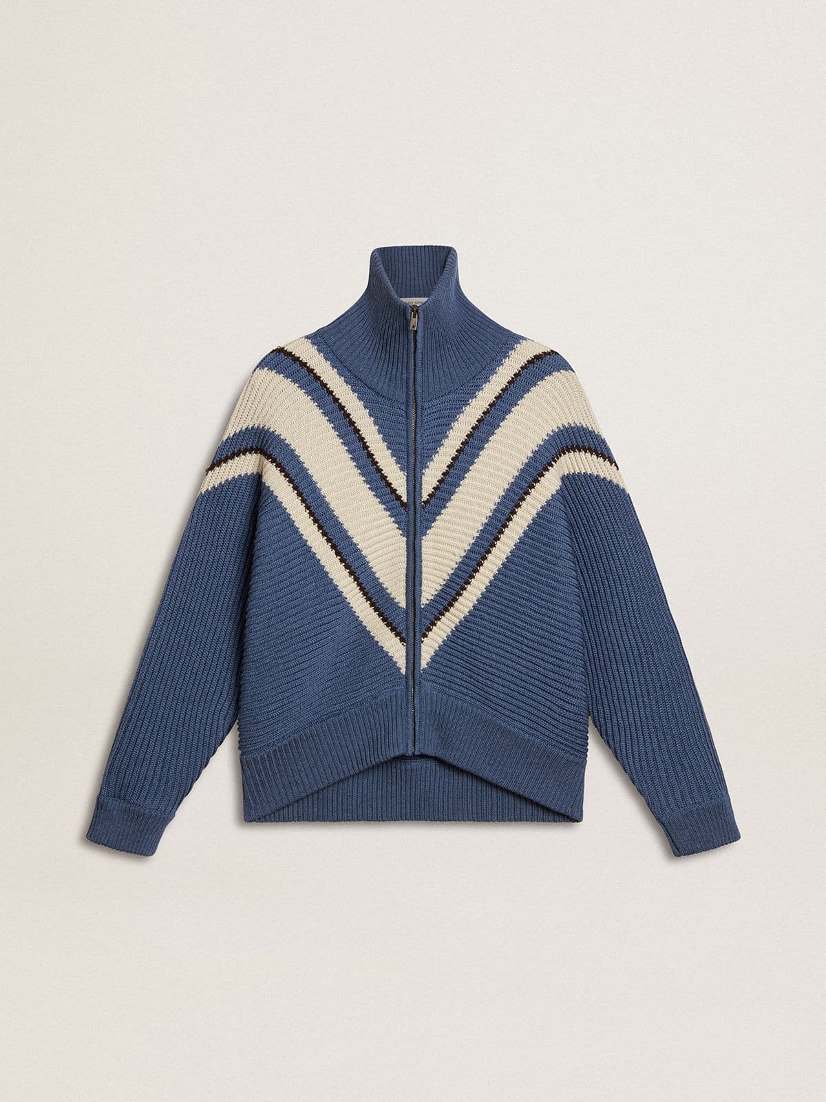 Golden Goose - Maglione in lana jacquard da donna azzurro con motivo color panna in 