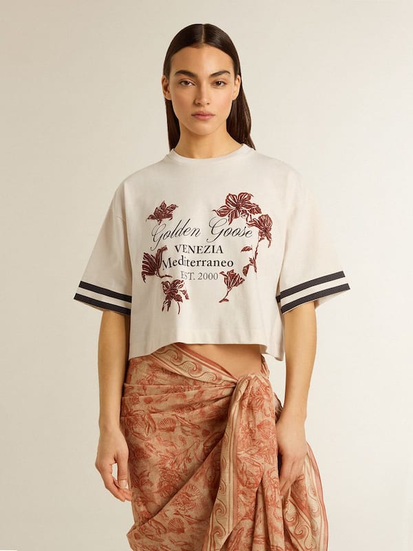 Golden Goose - Women's oversized short T-shirt in white jersey with embroidery and "Venezia Mediterraneo" print in 