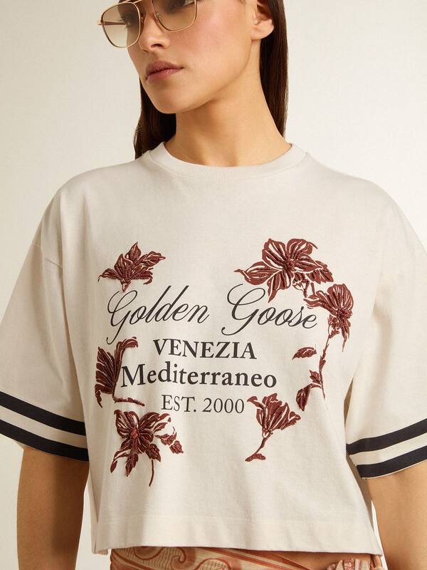 Golden Goose - Women's oversized short T-shirt in white jersey with embroidery and "Venezia Mediterraneo" print in 