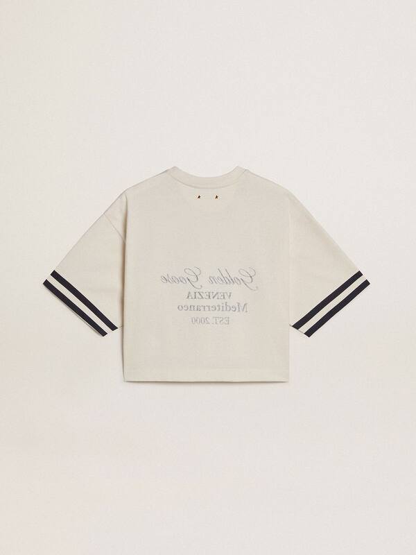 Golden Goose - Women's oversized short T-shirt in white jersey with embroidery and "Venezia Mediterraneo" print in 